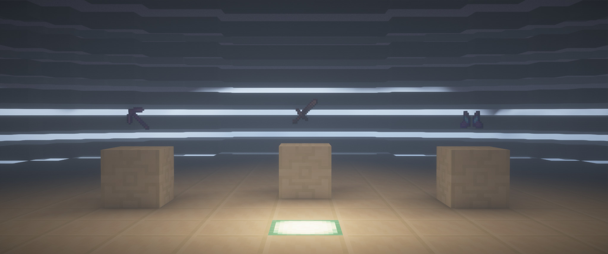 3 of a player's precious items, a pickaxe, sword, and a pair of boots, floating above 3 pedestals. Set aside for travel to a new world.