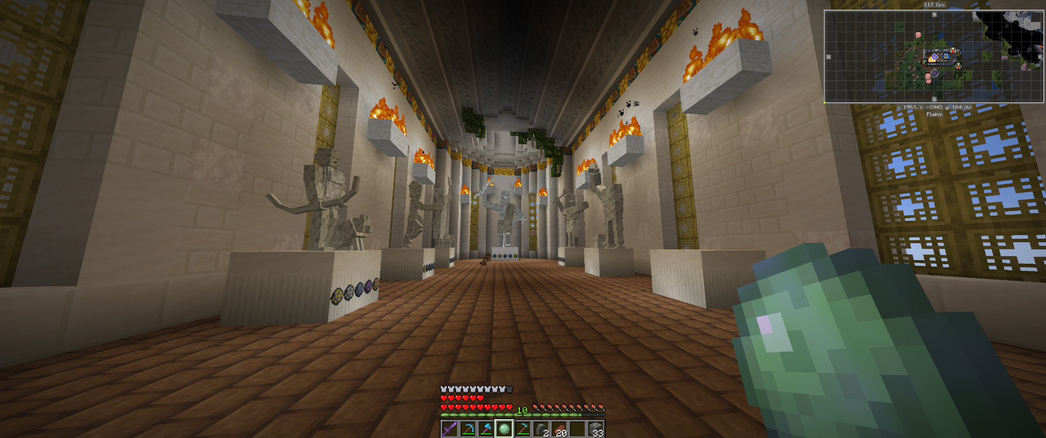marble walls and gilded stone statues, a player's rendition of a greek pantheon