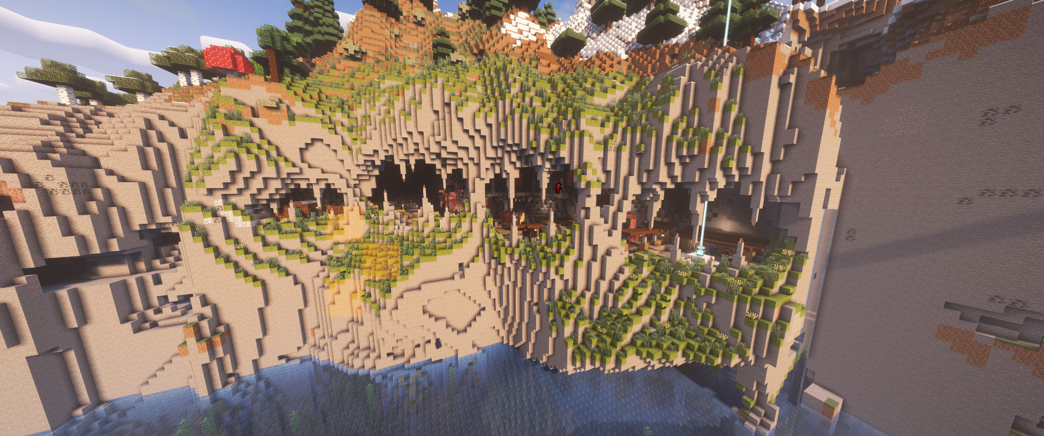 mossy cliffside cave, with various openings, stalagmites and stalagtites 