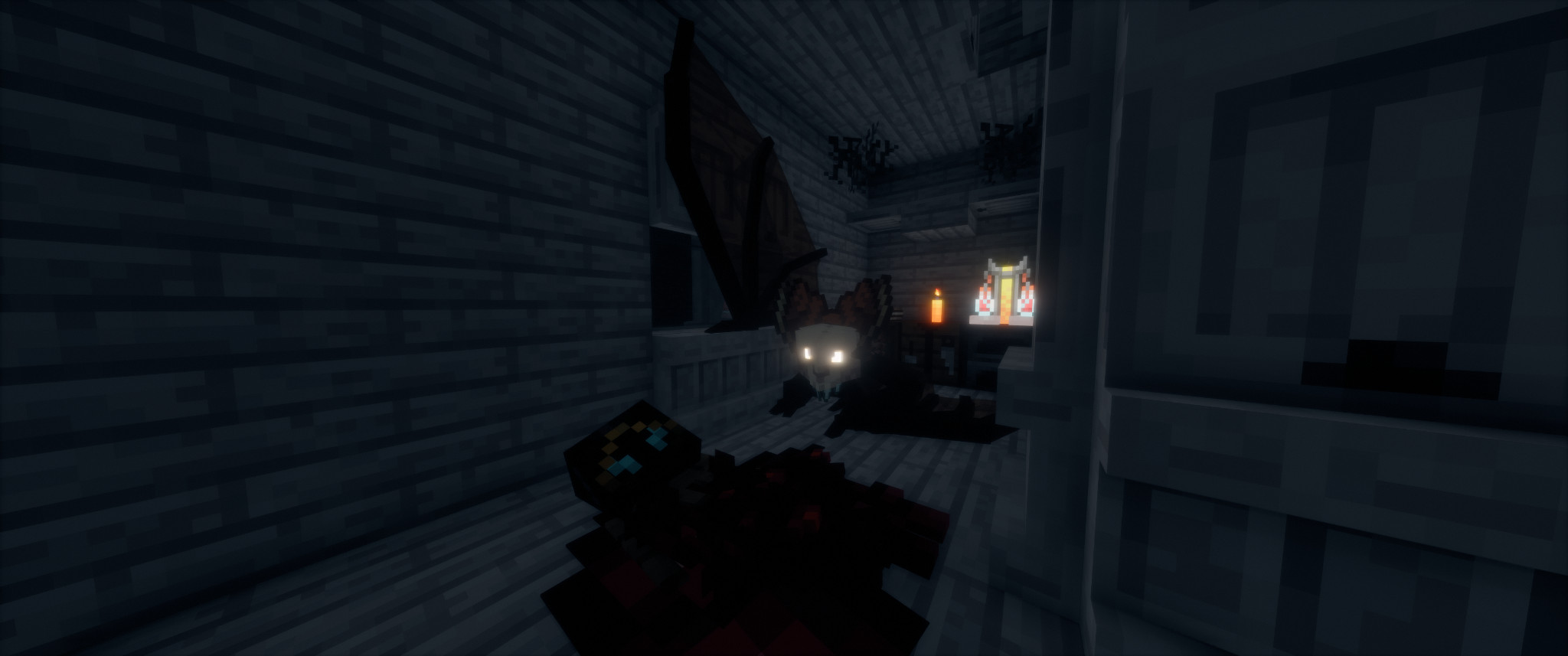 a large, strange batlike creature with glowing eyes, made using custom displays on the server