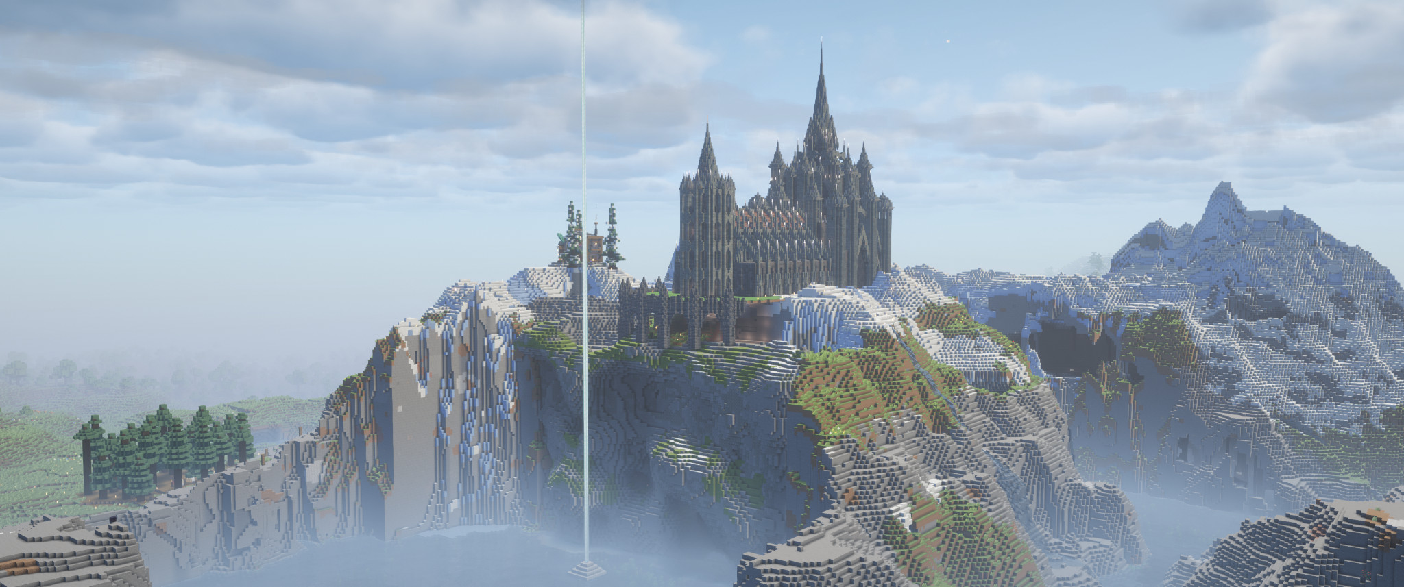 incredible gothic cathedral above a sheer cliff, leading down to water. and in the background, a large snowy mountain