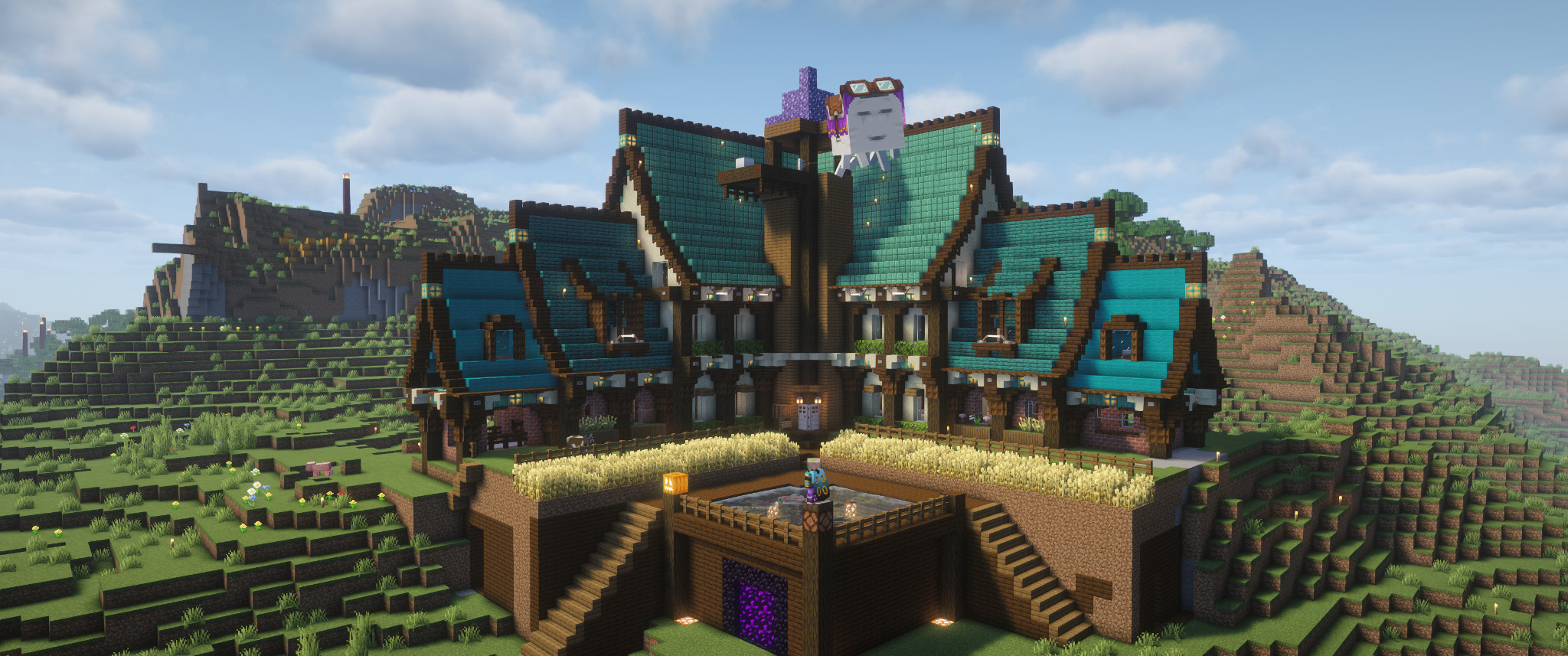 a large L shaped house with a tall, green pointed roof and dark wood accents, also features a farm and water feature out front, and a happy ghast flying above it