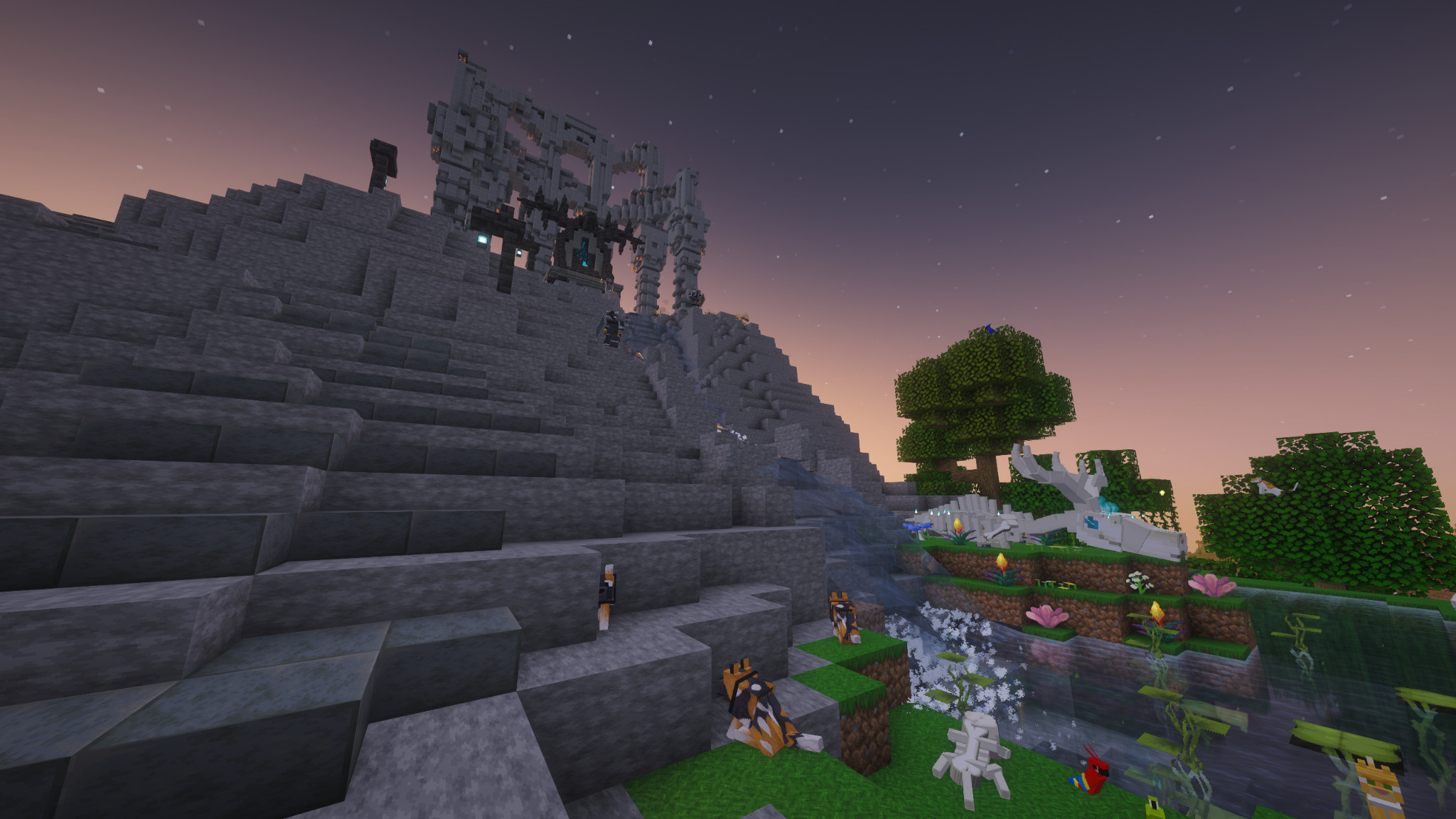 in the foreground, various animals and a custom-made deer skeleton, made using displays. in the background, atop a closeby hill, is a large stone shrine