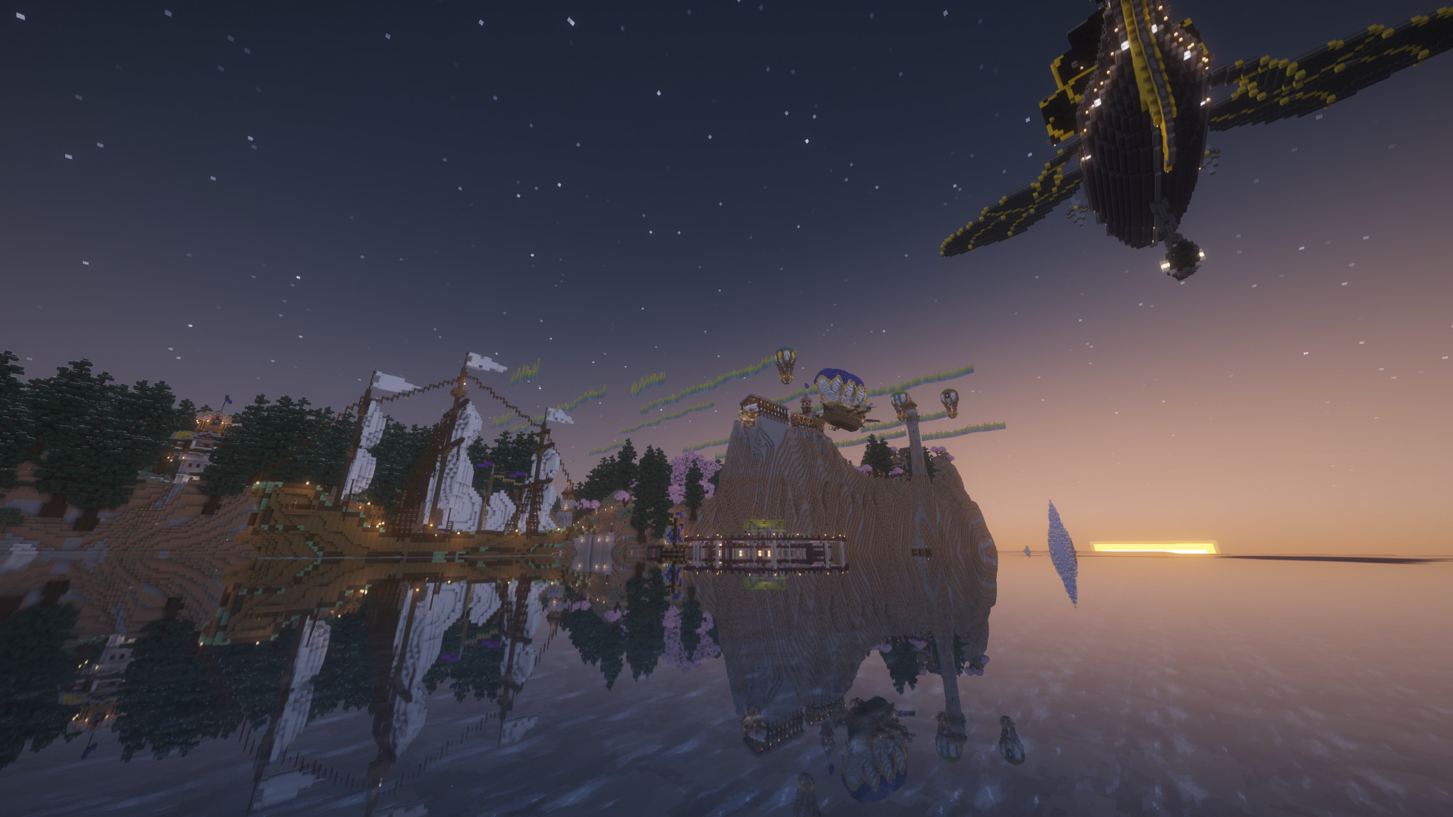 a wide view of spawn from the sea, featuring several large ships, including a flying airship high above. in the background, the aurora borealis and cliffs of spawn